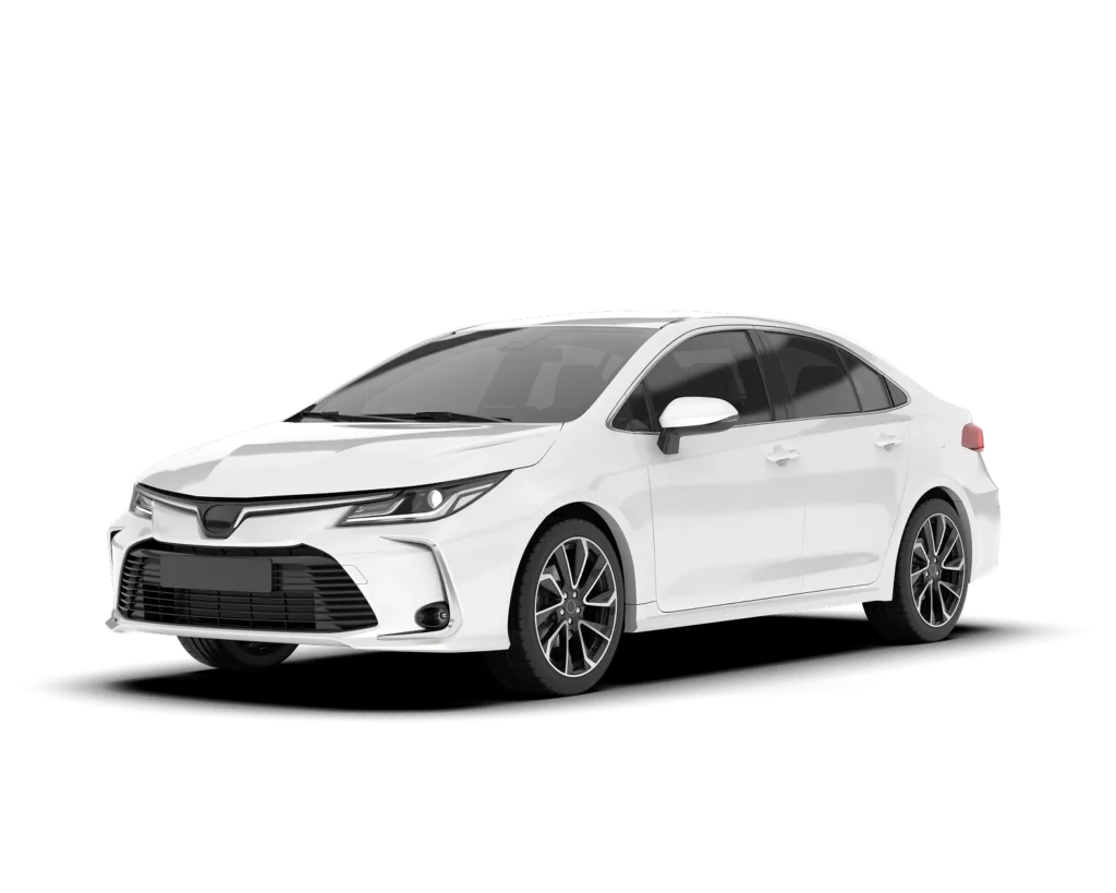 Biały samochód sedan klasy kompaktowej – widok 3/4 z przodu na przezroczystym tle